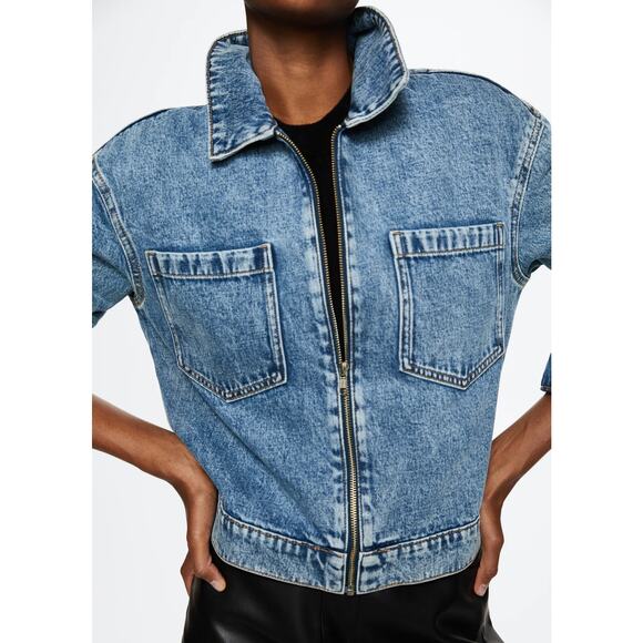 MNG Women's Blue Zip Up Collar Long Sleeve Medium Wash Jeans Denim Coat Jacket S - Picture 10 of 12